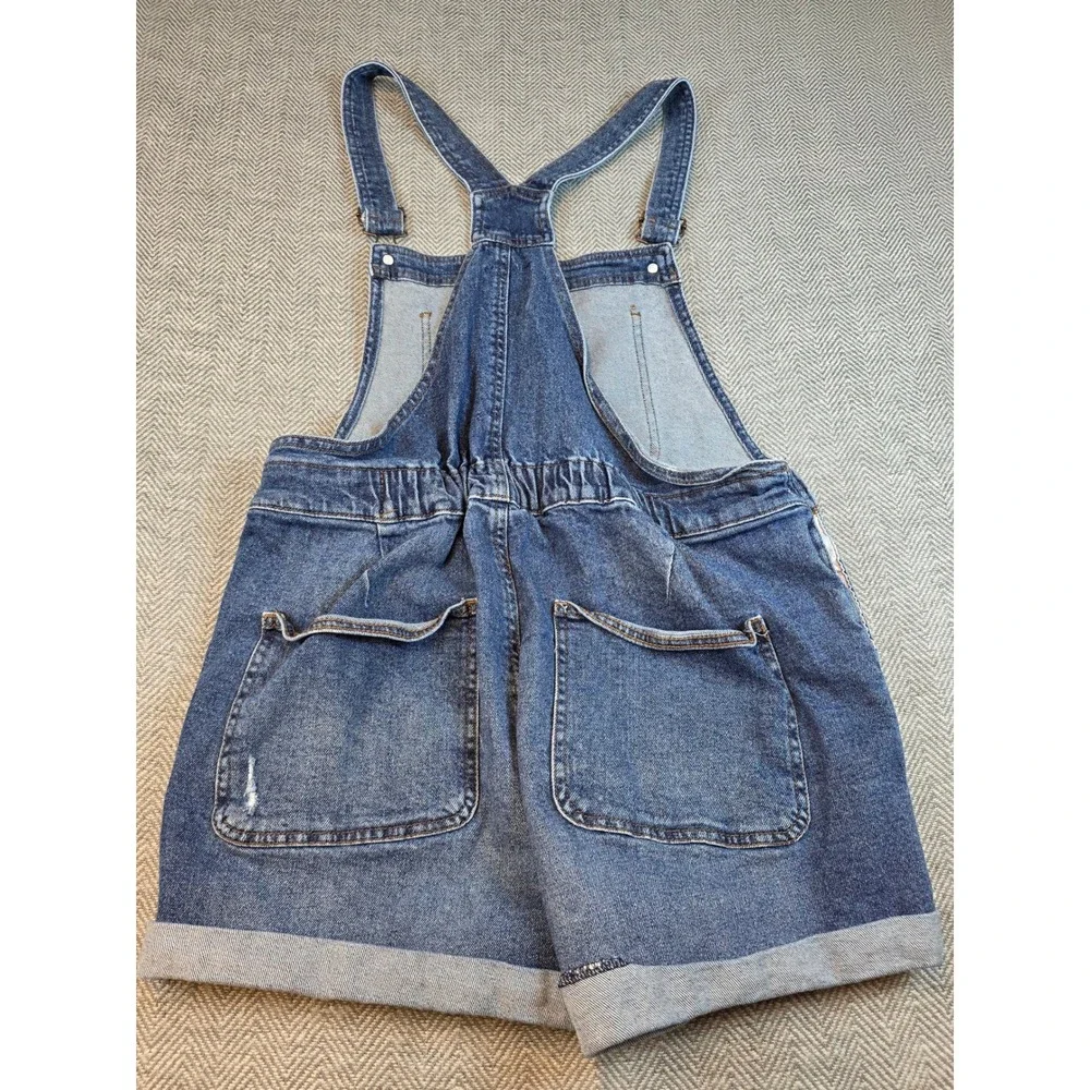 No Boundaries Women Distressed Denim Short Overall Medium Wash Blue Size L 11-13